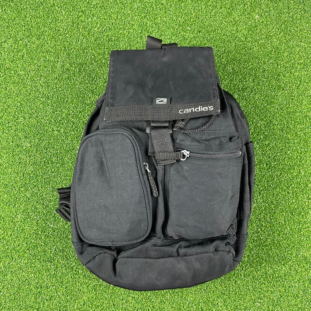 Vintage Y2K Candies Black Canvas Flap Drawstring Bucket Backpack Bag